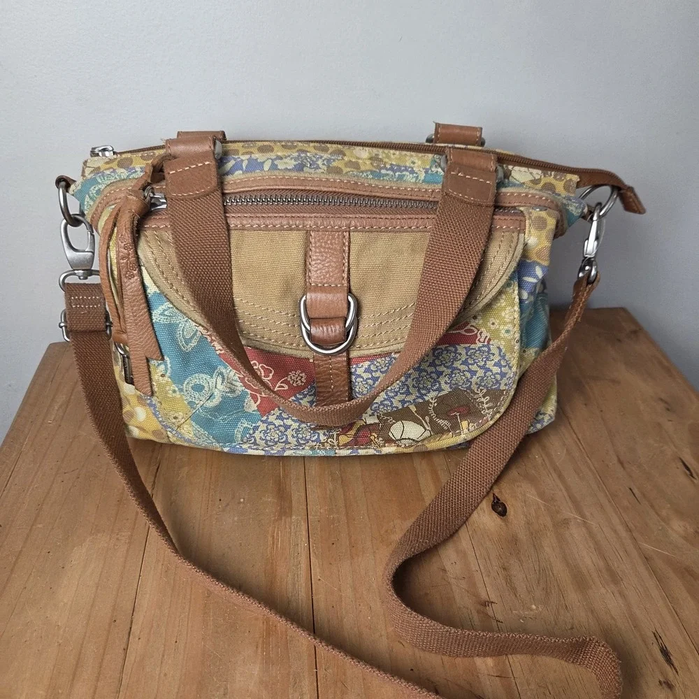 Fossil Patchwork Canvas Satchel Handbag Crossbody Shoulder Bag Leather Boho...